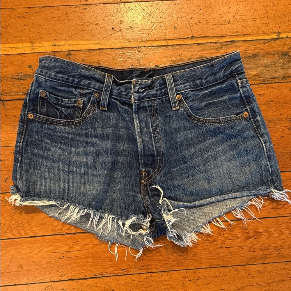 Levi's Dark Blue Frayed 501 Jean Shorts